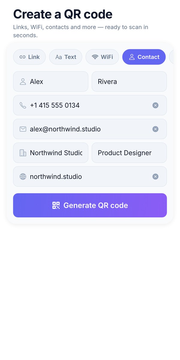 The Create tab in Contact mode: name, phone, email, company, job title and website fields for a vCard QR code